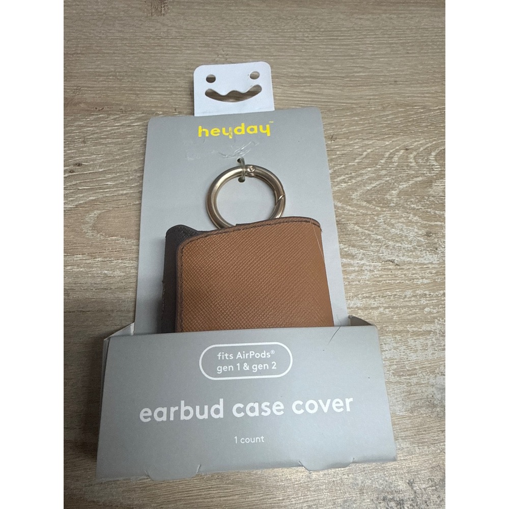 Heyday Brown Faux Leather Earbud Case Cover for AirPods Gen 1 & 2 with Carabiner